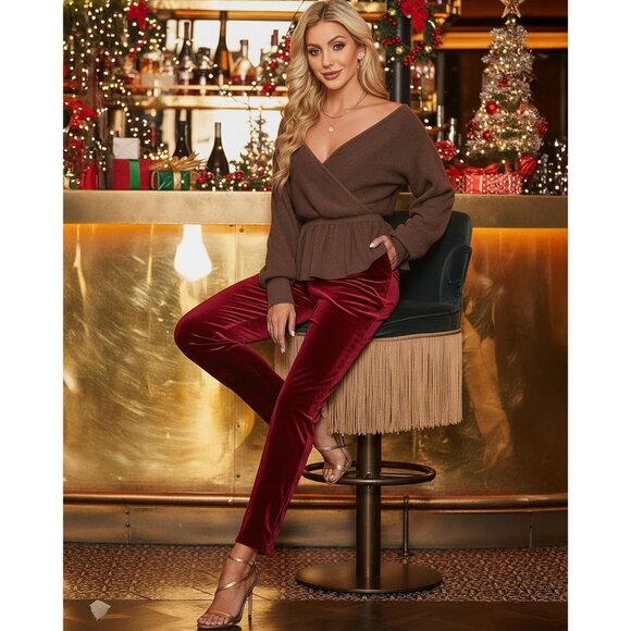 Womens Dressy Brown Peplum Sweater Long Sleeve Fall Wrap V Neck Pullover Tops - Picture 3 of 6